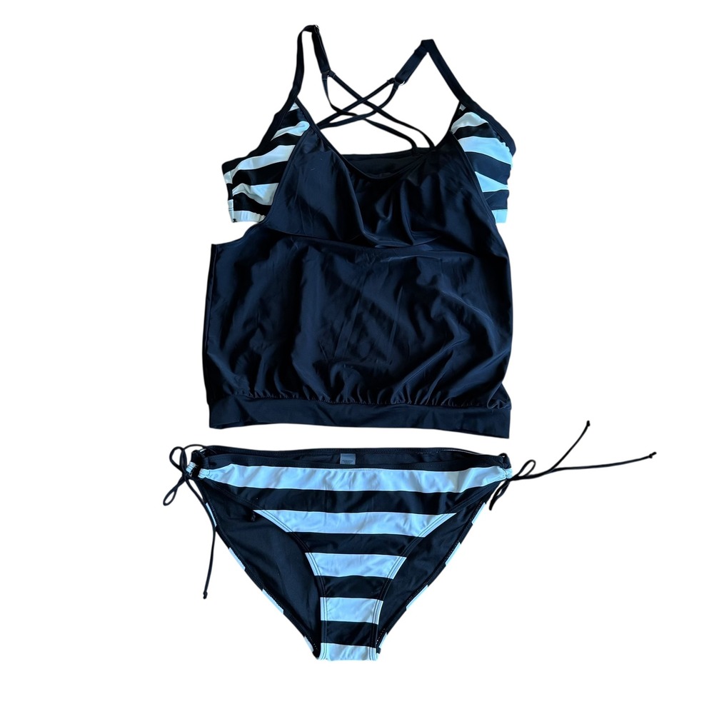 XL Black and White Striped 2 Piece Tankini‎ Swimsuit Set Tie Side Bottoms